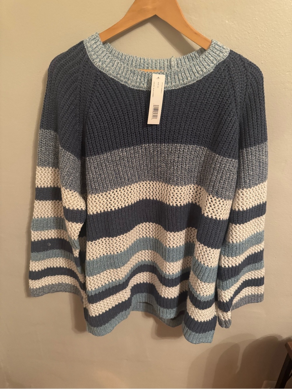 Striped Knit Crewneck Sweater Womens 2x in Navy, Light Blue & White NWT